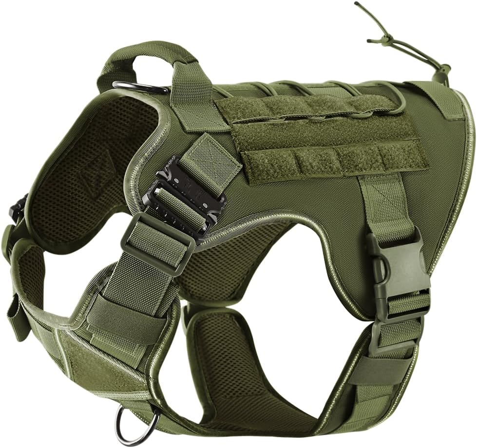 ELFTREE Tactical Dog Harness, 2X Metal Buckle, Military Reflective Dog Harness with Hidden Airtag Holder and Handle, Adjustable No-Pull Service Dog Vest with Molle  Loop Panels