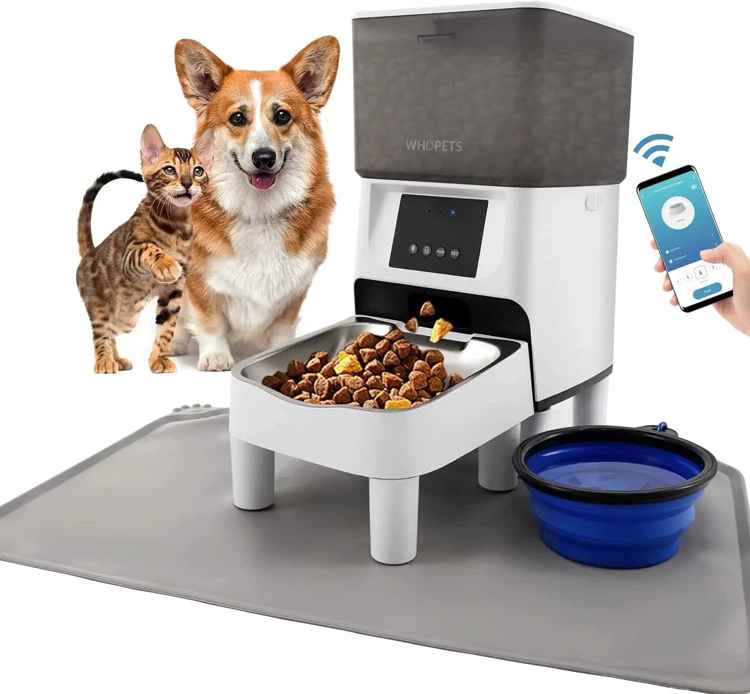 Automatic Cat Feeder, WHDPETS 4L WiFi Automatic Cat Food Dispenser with App Control Elevated Dog Feeder with Stainless Steel Bowl, Silicone Dog Bowl, Feeding Mat, 10s Voice Recorder(2.4G WiFi Only)