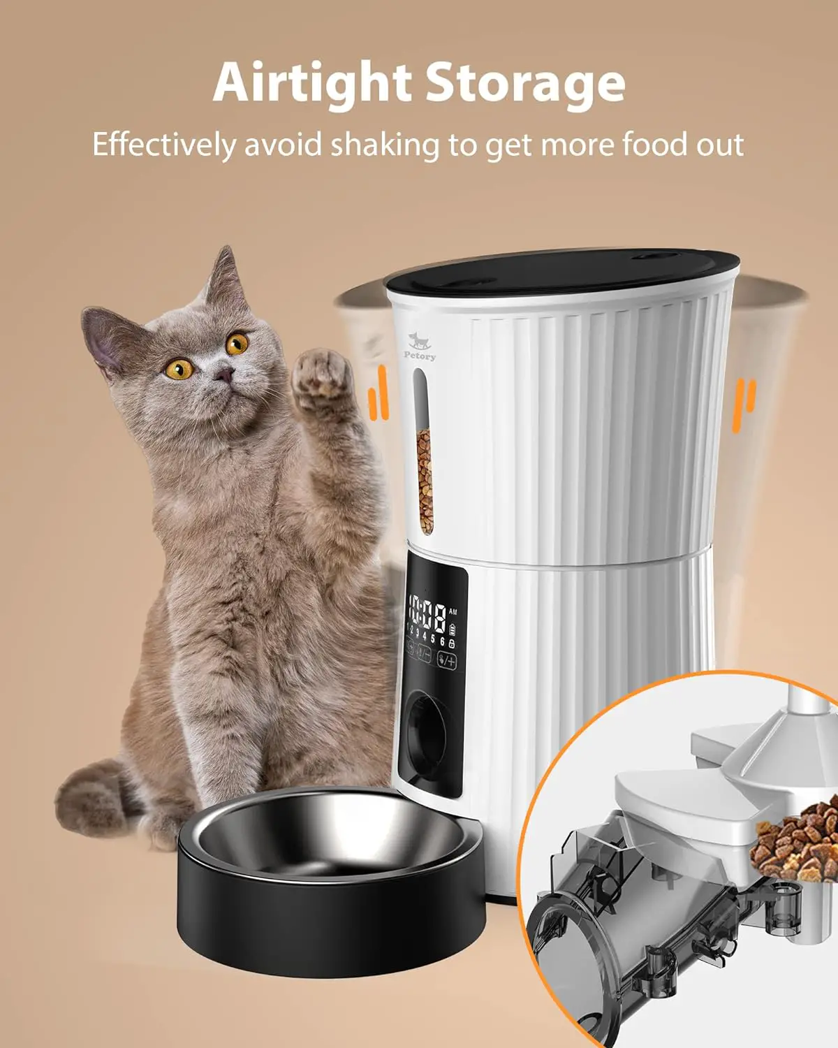 Petory Timed Automatic Cat Feeders - 4L Programable Dry Food Dispenser for Cats and Small Medium Dogs 6 Meals with Desiccant Bag Dual Power Supply 10S Voice Recorder