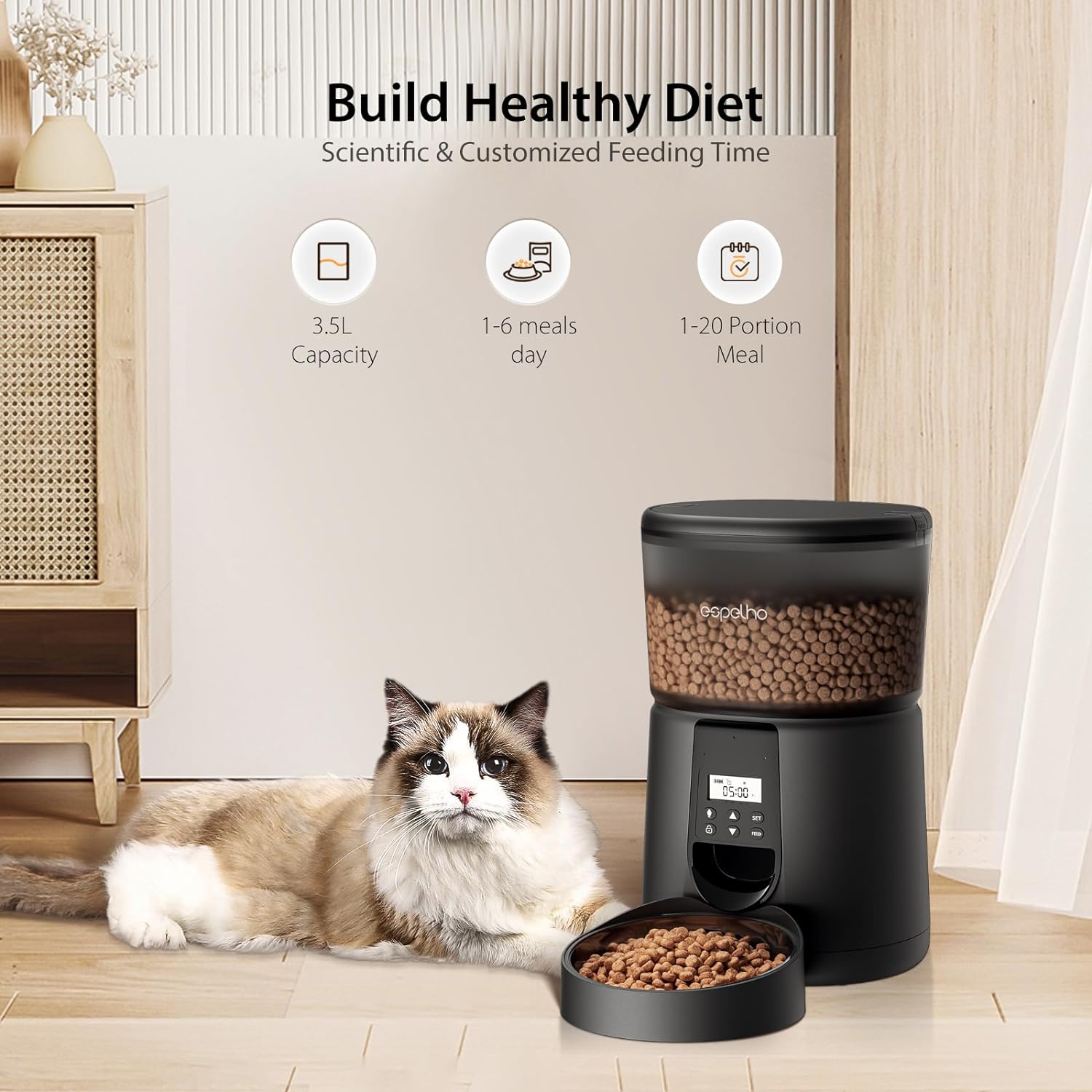 Espelho Automatic Cat Feeder - Timed Automatic Cat Food Dispenser with 10s Voice Record, Desiccant Bag, 3.5L Auto Pet Feeder for Cats and Small Dogs, Up to 20 Portions 6 Meals Per Day