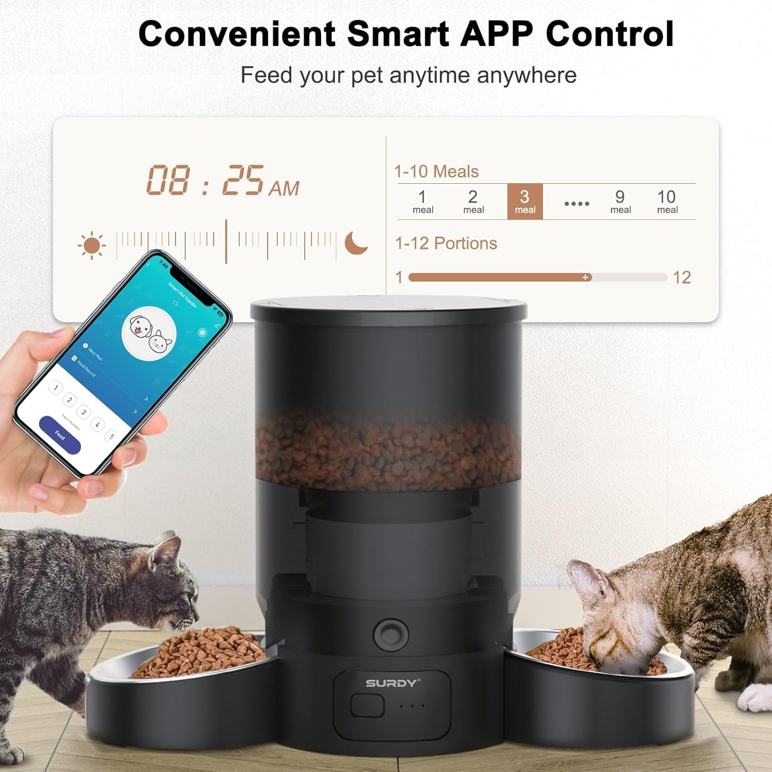 Automatic Cat Food Dispenser, SURDY 2.4G WiFi Pet Feeder with APP Control for Remote Feeding, 3L Automatic Cat Feeder for Two Cats, Dogs  Small Pets 1-10 Meals, Dual Power Supply, 10s Meal Call
