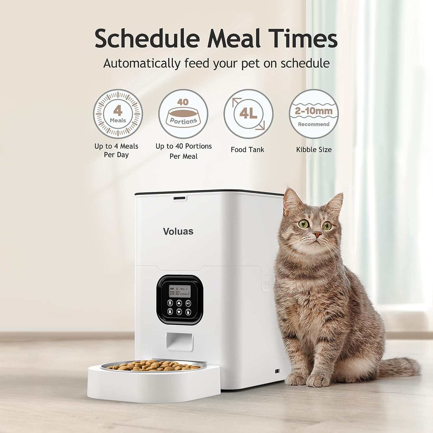 VOLUAS Automatic Cat Feeders - Timed Pet Feeder for Cats and Dogs with Dry Food Dispenser, Desiccant Bag, Programmable Portion Control, 4 Daily Meals, 10s Voice Recorder