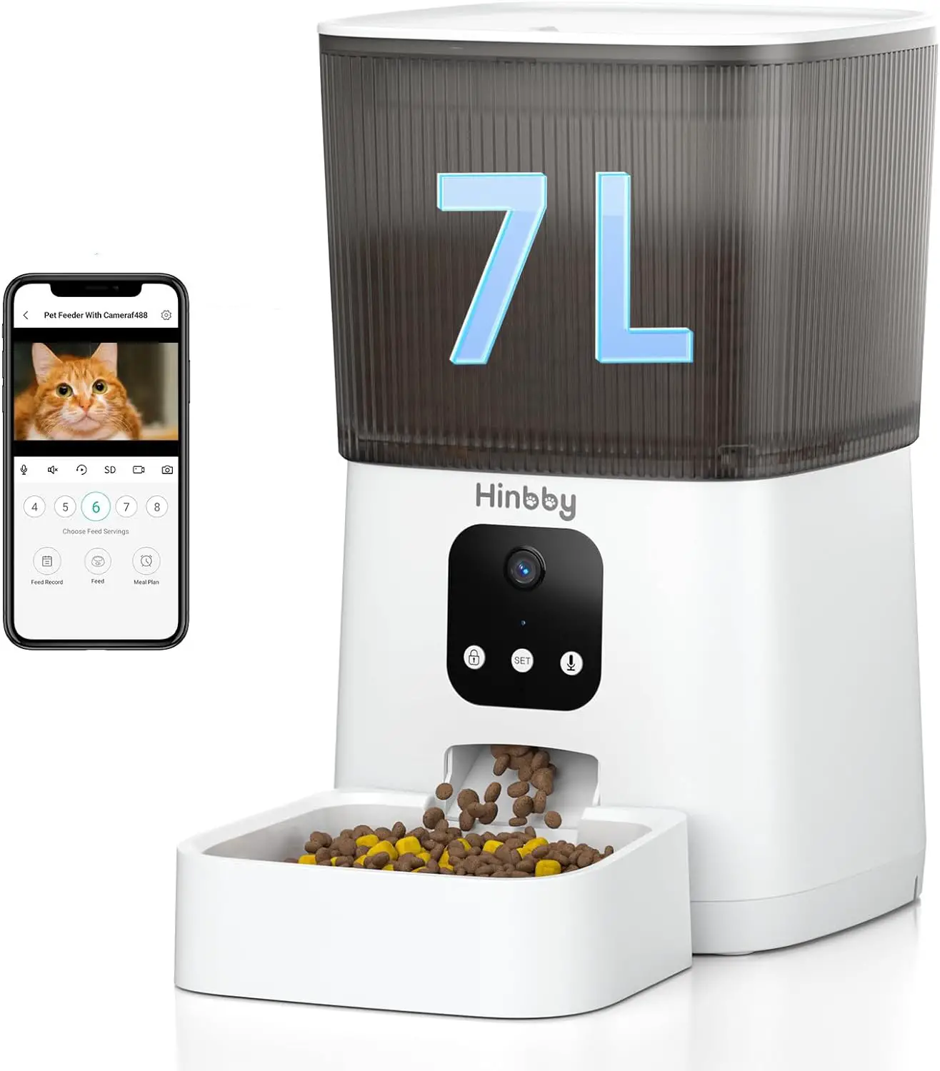 Hinbby Automatic Cat Feeder with 1080P Camera, 7L WiFi Cat Food Dispenser with Remote App Control, Voice  Video Record, Dual Power Supply, Automatic Dog Feeder Auto Pet Dry Food Feeders for Cats