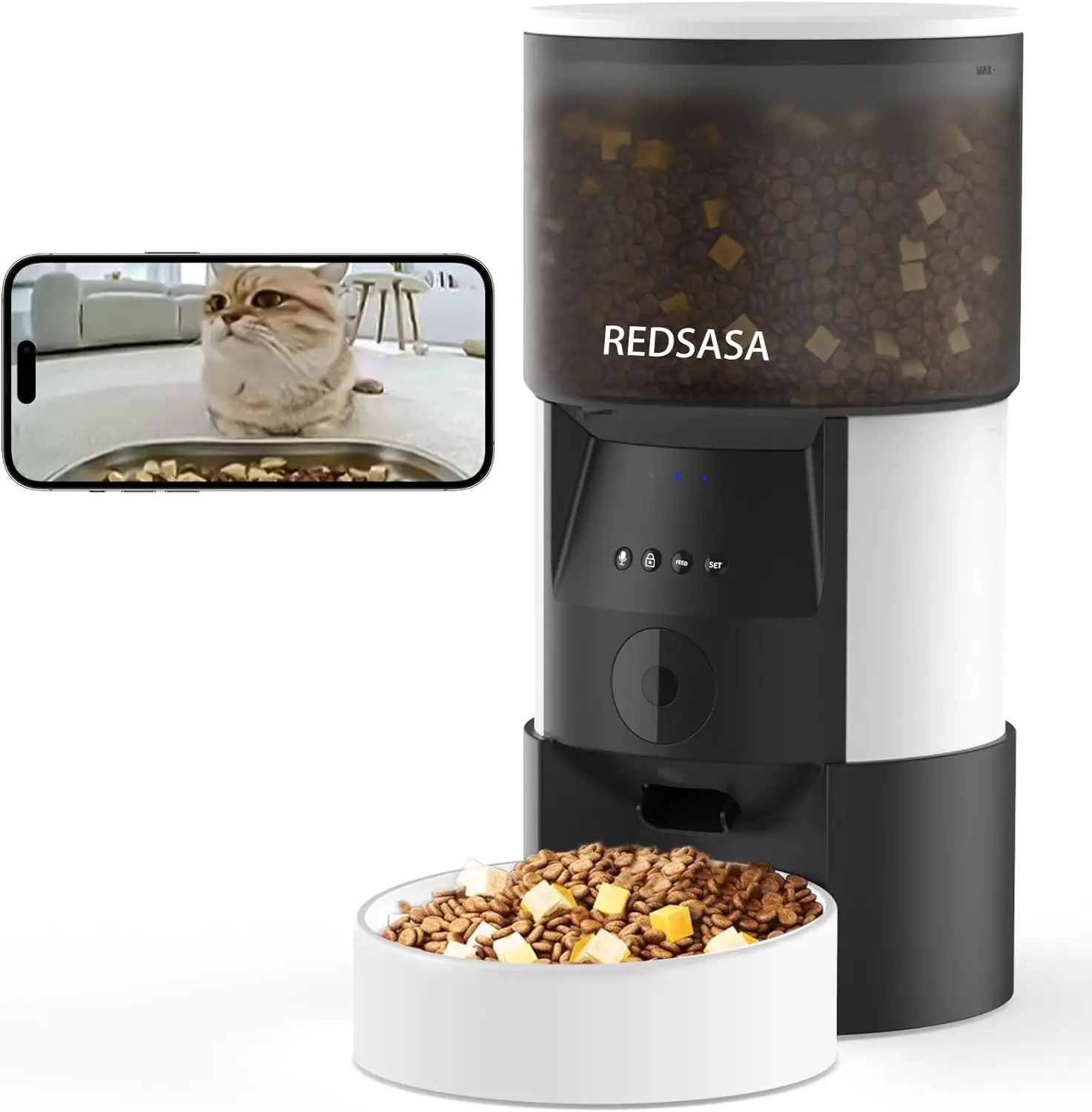REDSASA Automatic Cat Feeder with Camera, WiFi-Enabled Cat Feeder with APP 2 Way Audio, 3L Automatic Cat Food Dispenser with Night Vision1080P HD Video, Up to 20 Portions 1-8 Meals Per Day
