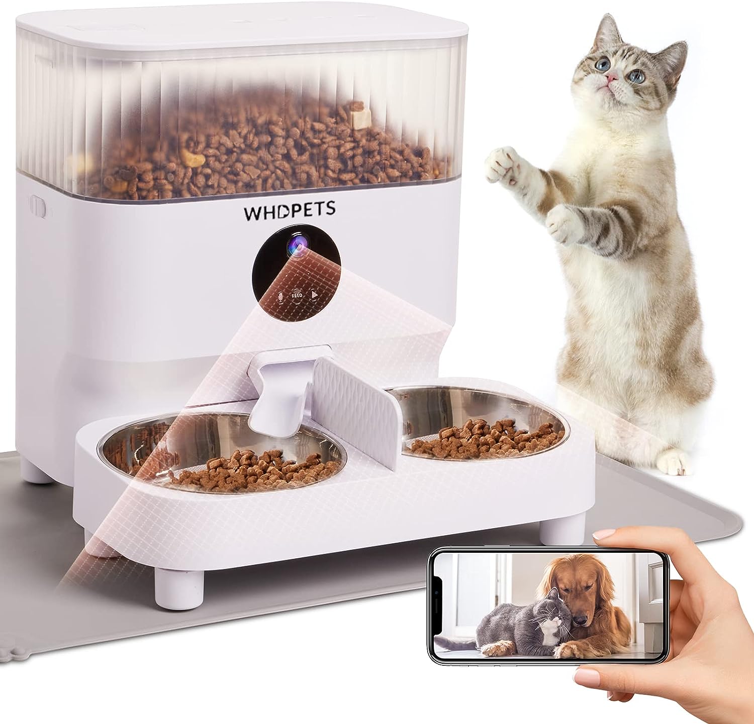 Automatic Cat Feeders, WHDPETS WiFi Cat Food Dispenser with 1080P Camera for 2 Cats  Dogs, 5L Pet Feeder with Feeding Mat, APP Control, 2-Way Audio,Dual Power Supply