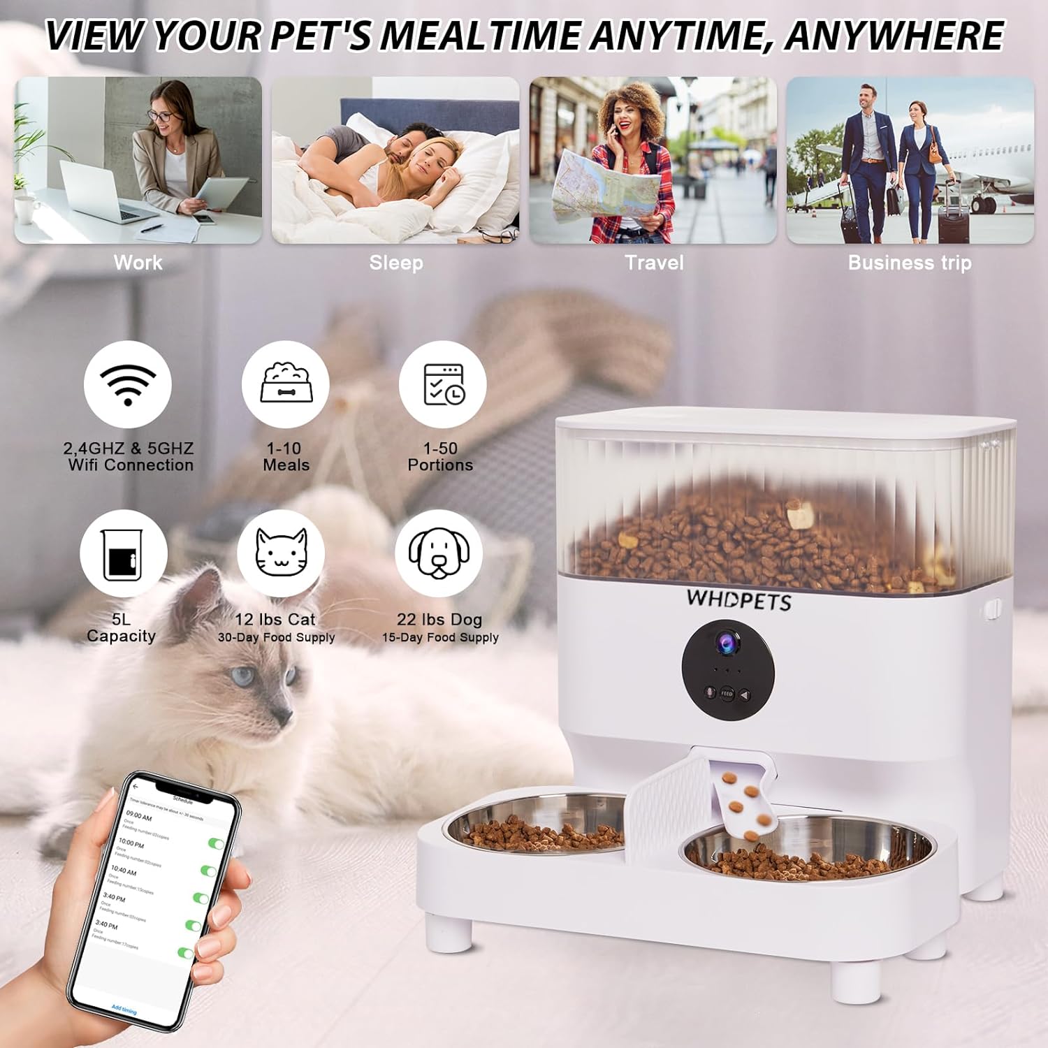 Automatic Cat Feeders, WHDPETS WiFi Cat Food Dispenser with 1080P Camera for 2 Cats  Dogs, 5L Pet Feeder with Feeding Mat, APP Control, 2-Way Audio,Dual Power Supply