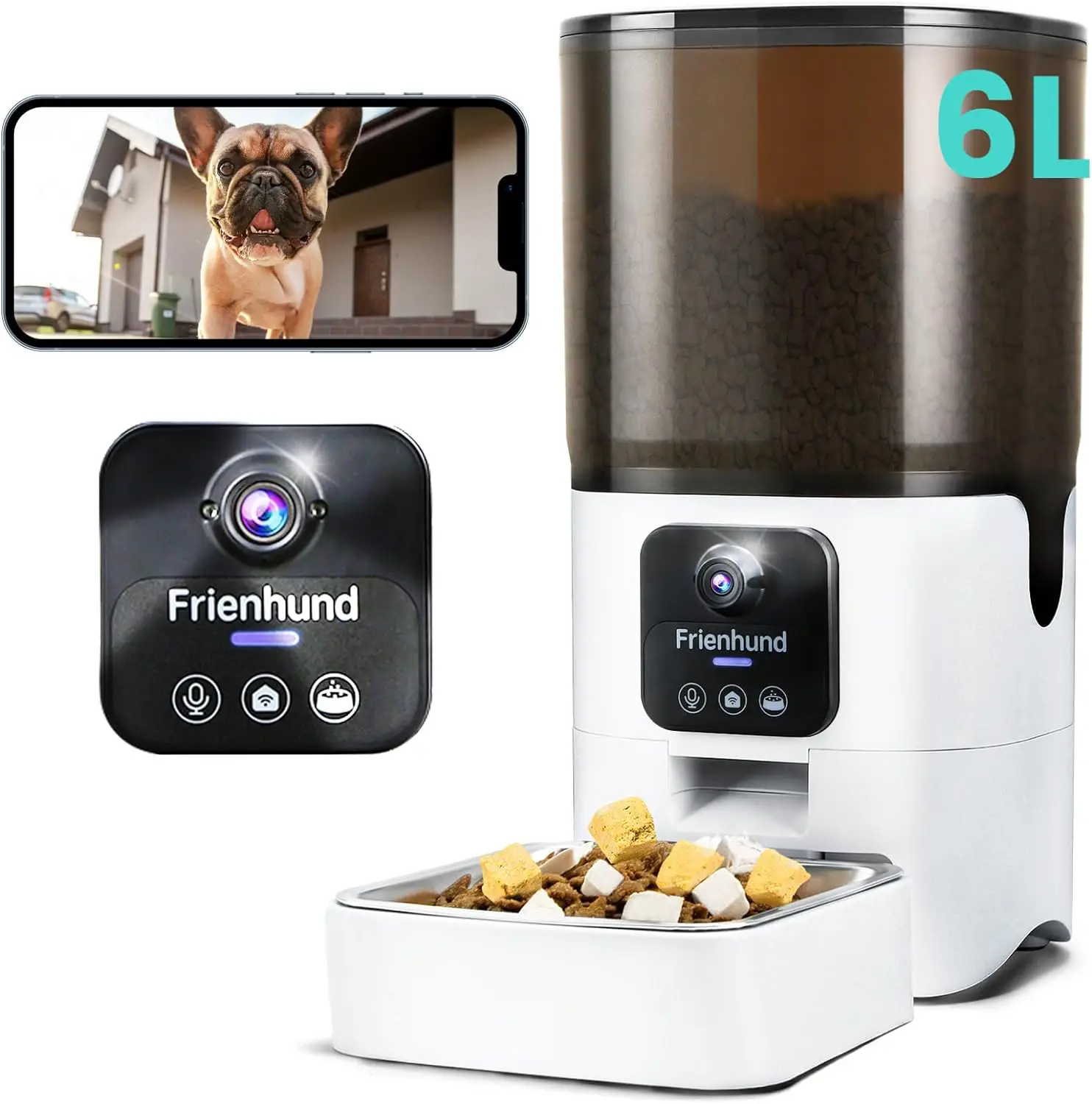 Automatic Cat Food Dispenser Cat Feeder with Camera, Frienhund 1080P Camera 6L Cat Feeder with Remote APP Control, Automatic Dog Feeder Support 5G WiFi, Pet Feeder Auto Dog Puppy Feeder